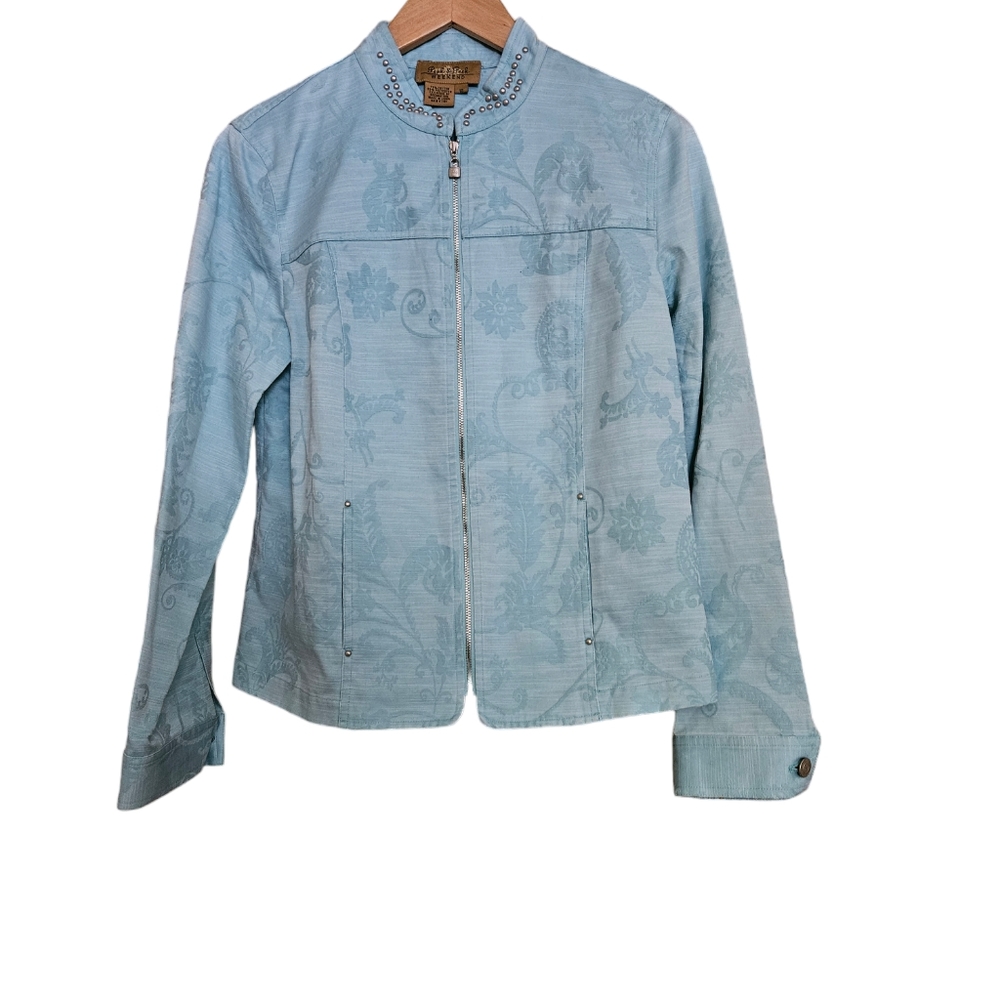 Peck & Peck Weekend Cottage Aqua Denim Floral Print Studded Short Jacket Sz 10